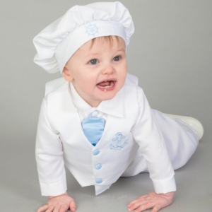 Baby Boys White & Blue Anchor 5 Piece Satin Christening Suit